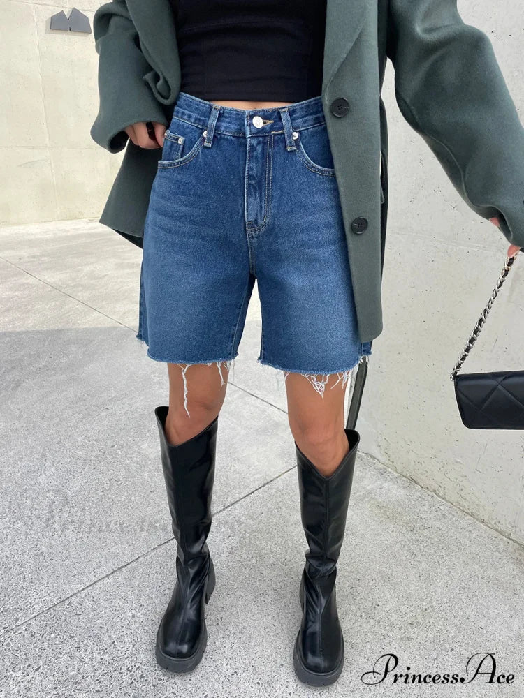 2024 Summer High Waist Denim Pockets Burrs Blue Color Jeans Streetwear Casual Short