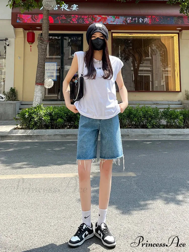 2024 Summer Jean Street Wear Waist Burrs Wide Leg Bermuda Denim Short