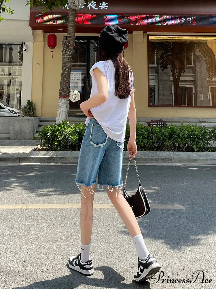 2024 Summer Jean Street Wear Waist Burrs Wide Leg Bermuda Denim Short