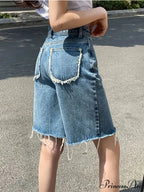 2024 Summer Jean Street Wear Waist Burrs Wide Leg Bermuda Denim Short