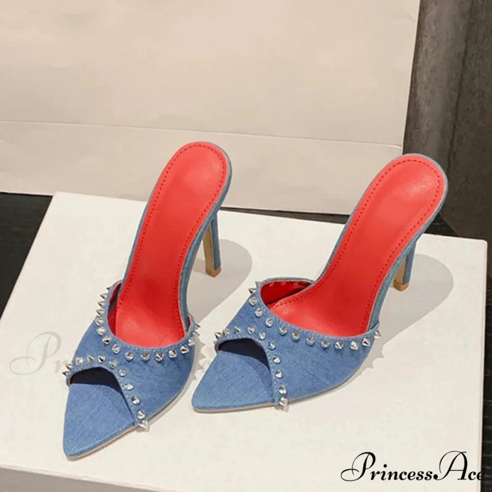 2024 SummerFashion Metal Rivet Designer High-Heels Pointed-Toe Party Stripper Women Mules High Heel
