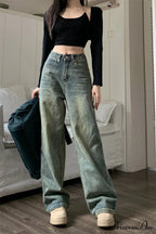 2024 Vintage Korean Denim Pants Y2K American Retro Waist Cowboy Slim Straight Leg Wide Leg Cowboy Jeans