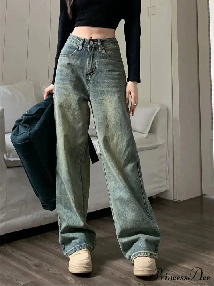 2024 Vintage Korean Denim Pants Y2K American Retro Waist Cowboy Slim Straight Leg Wide Leg Cowboy Jeans