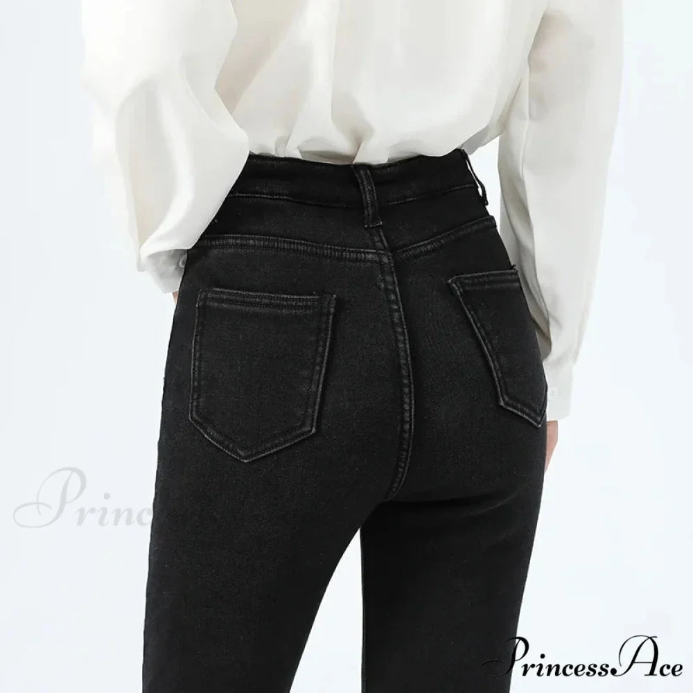 2024 Winter Thermal Warm Plush Stretch Lady Skinny Fleece Women Thicken High Waist Denim Pants Retro Trousers Female Jean