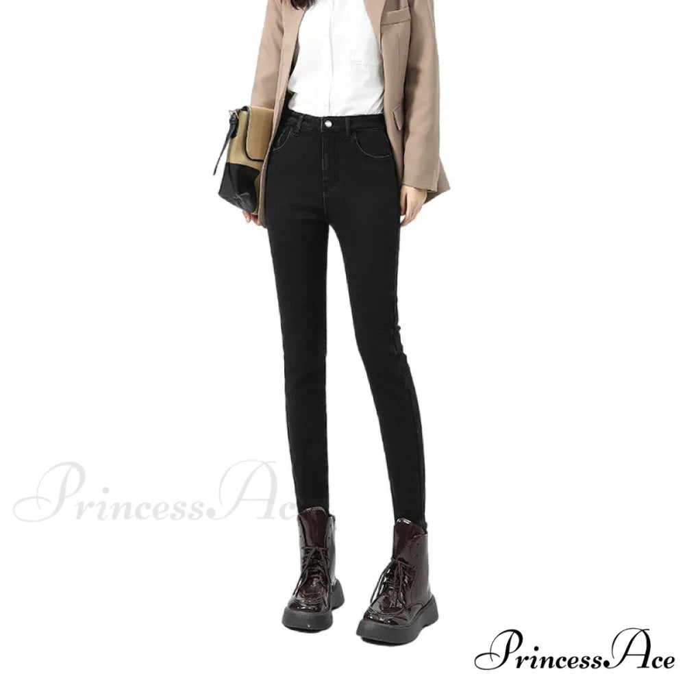 2024 Winter Thermal Warm Plush Stretch Lady Skinny Fleece Women Thicken High Waist Denim Pants Retro Trousers Female Jean