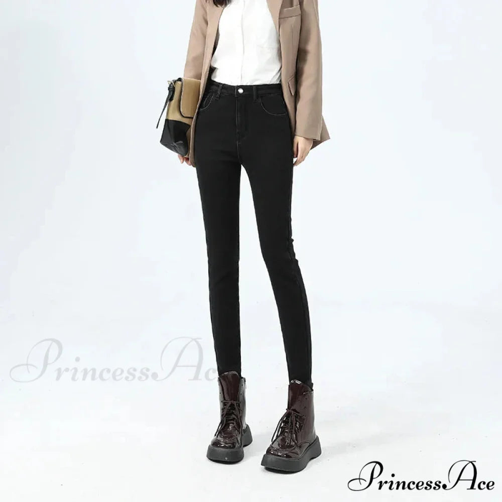 2024 Winter Thermal Warm Plush Stretch Lady Skinny Fleece Women Thicken High Waist Denim Pants Retro Trousers Female Jean