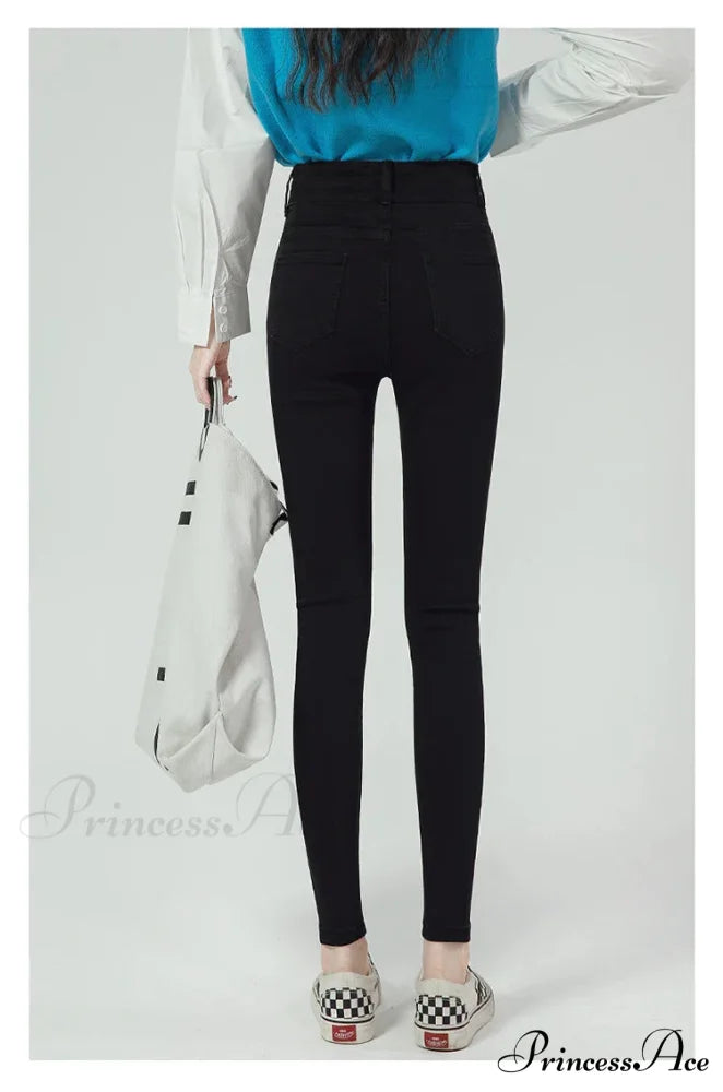 2024 Winter Warm Stretch Women High Waist Skinny Retro Thick Pencil Pants Slim Stretch Denim Trousers Jean