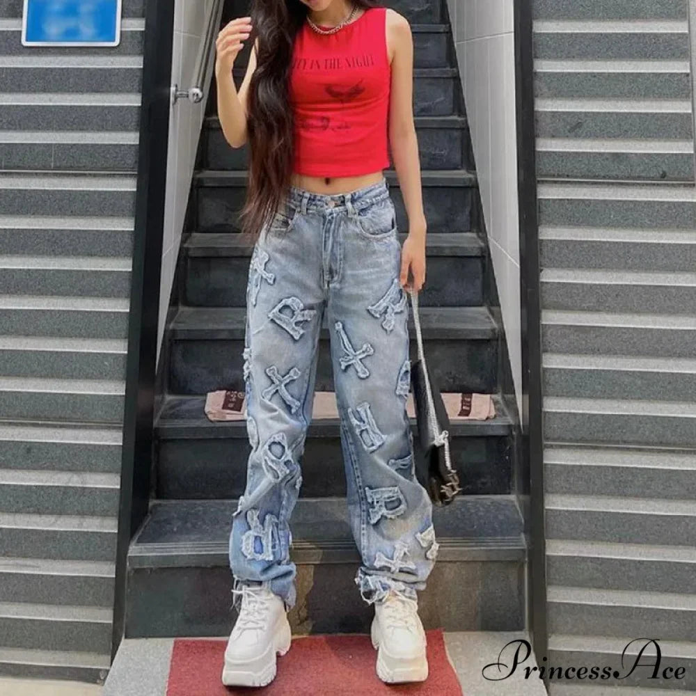 2024 Women Letter Patch Wide Leg Blue High Waist Personality Baggy Streetwear Y2K Fashion Cotton Denim Jean