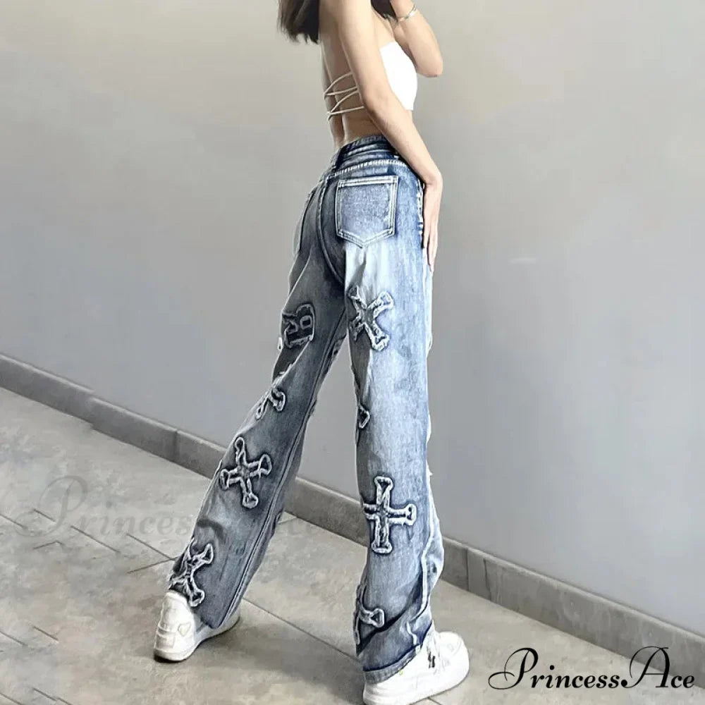 2024 Women Letter Patch Wide Leg Blue High Waist Personality Baggy Streetwear Y2K Fashion Cotton Denim Jean