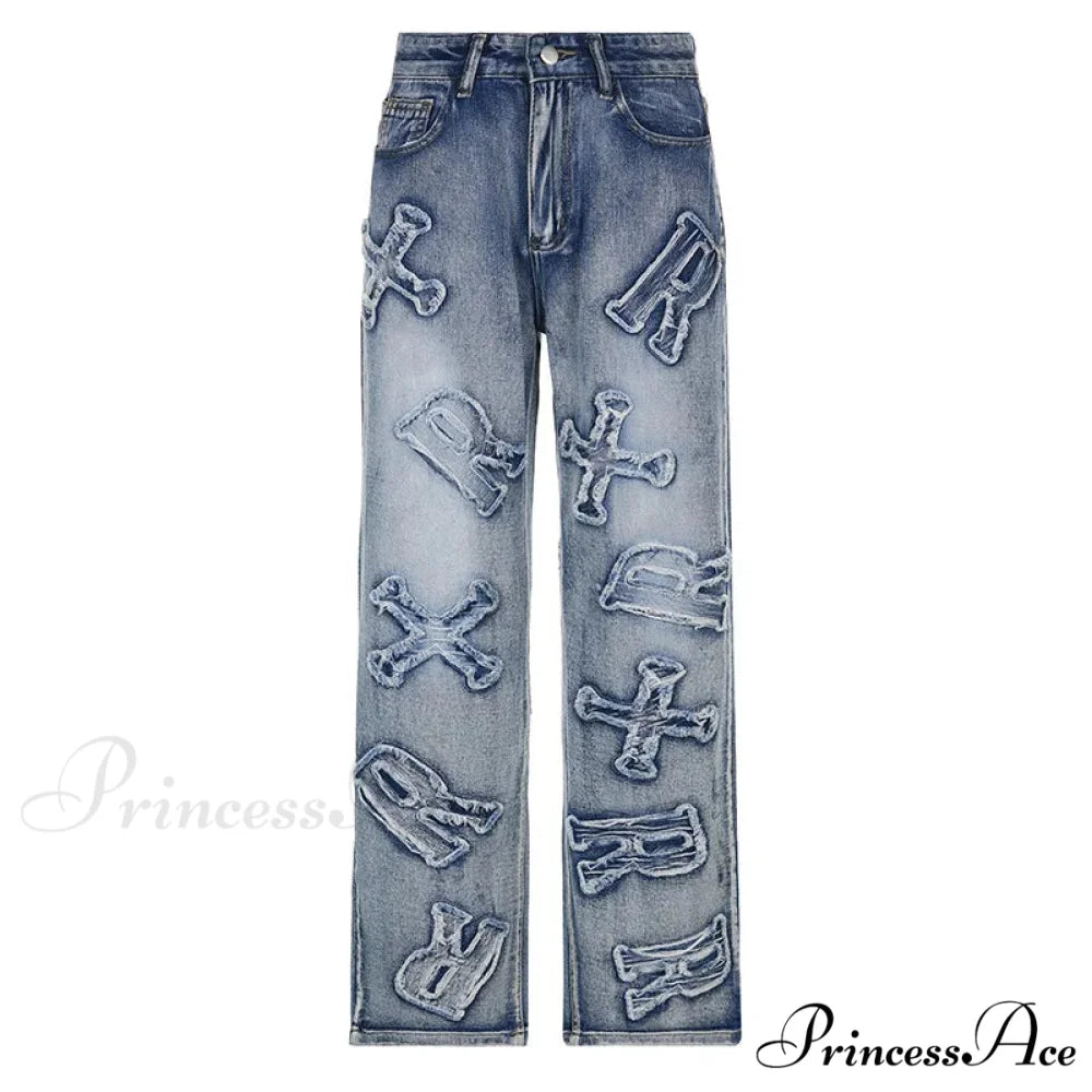 2024 Women Letter Patch Wide Leg Blue High Waist Personality Baggy Streetwear Y2K Fashion Cotton Denim Jean
