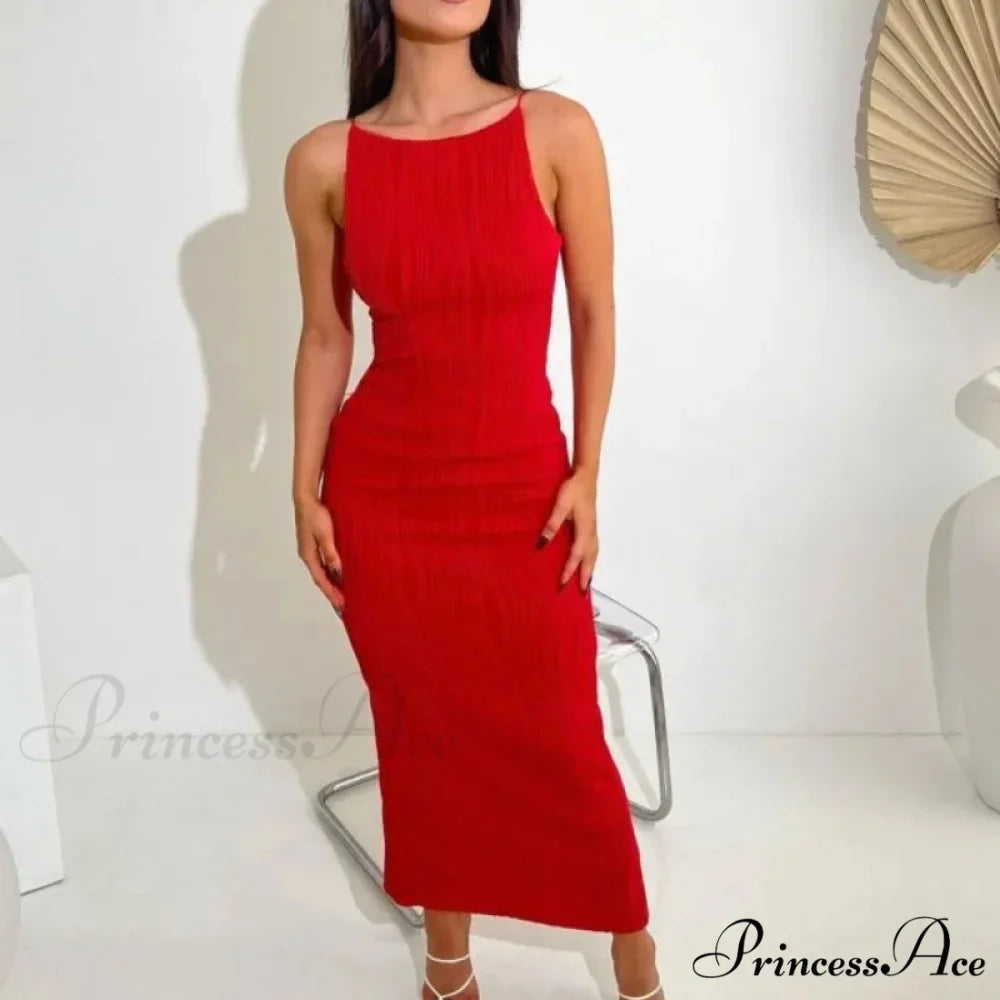 2024 Women Long Ruched Sleeveless Slim Solid Summer Party Back Split Clubwear Female Maxi Dress