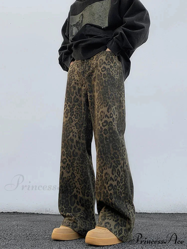 2024 Y2K Leopard Print Wide Leg Women High Waisted Fashion Streetwear Retro Denim Baggy Casual Straight Jean