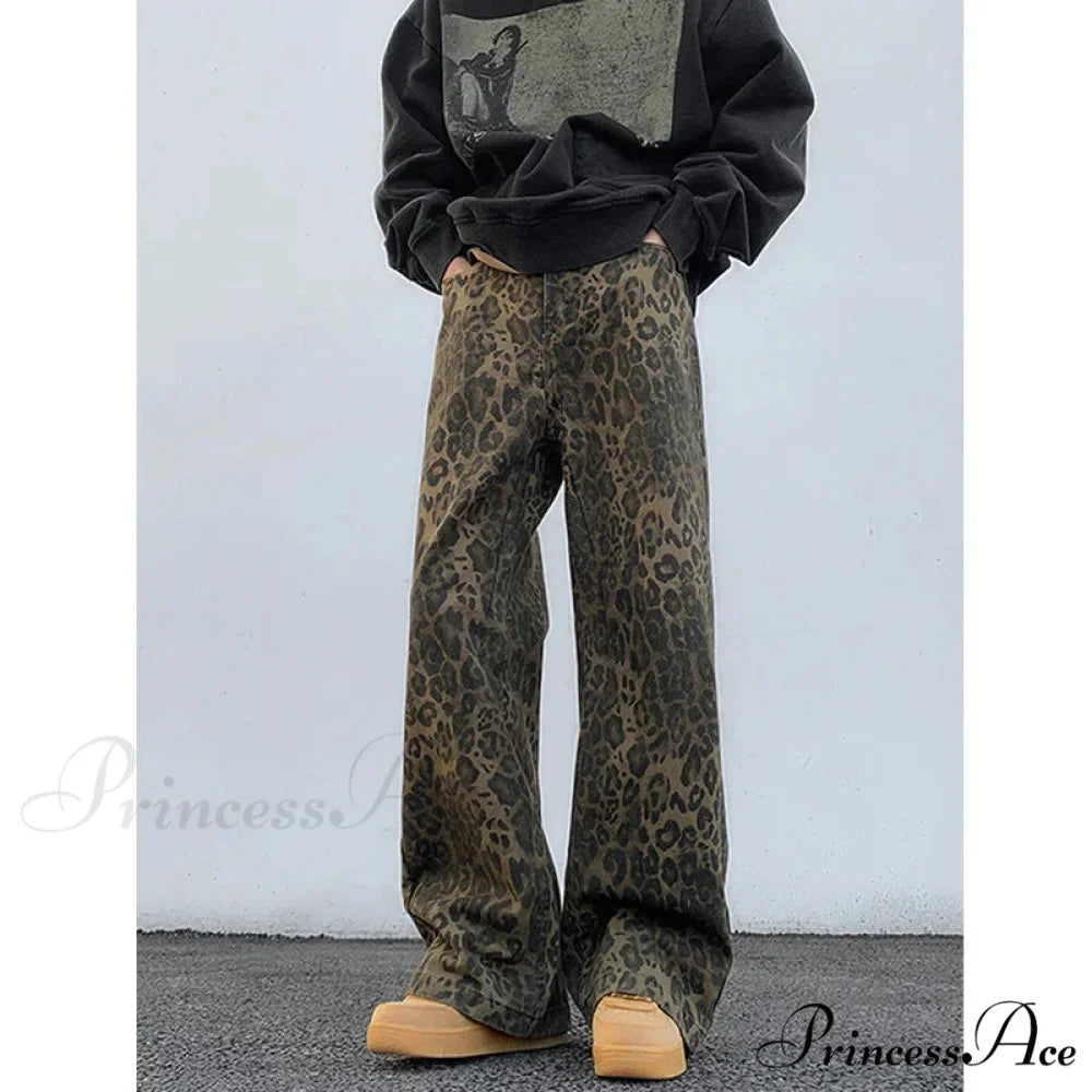 2024 Y2K Leopard Print Wide Leg Women High Waisted Fashion Streetwear Retro Denim Baggy Casual Straight Jean