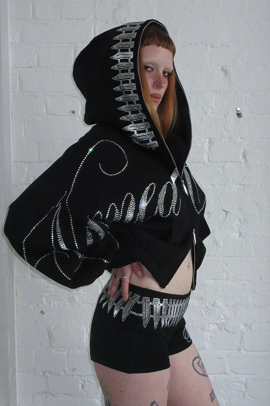 Hip Hop Letters Rhinestone Zipper Hoodie