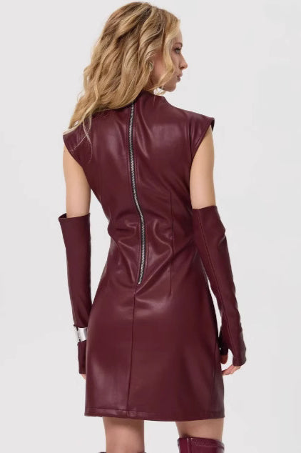 PU Leather Sleeveless Ruched Bodycon Mini Dress