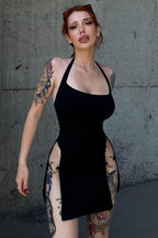 Solid Color Backless Halter Mini Dress