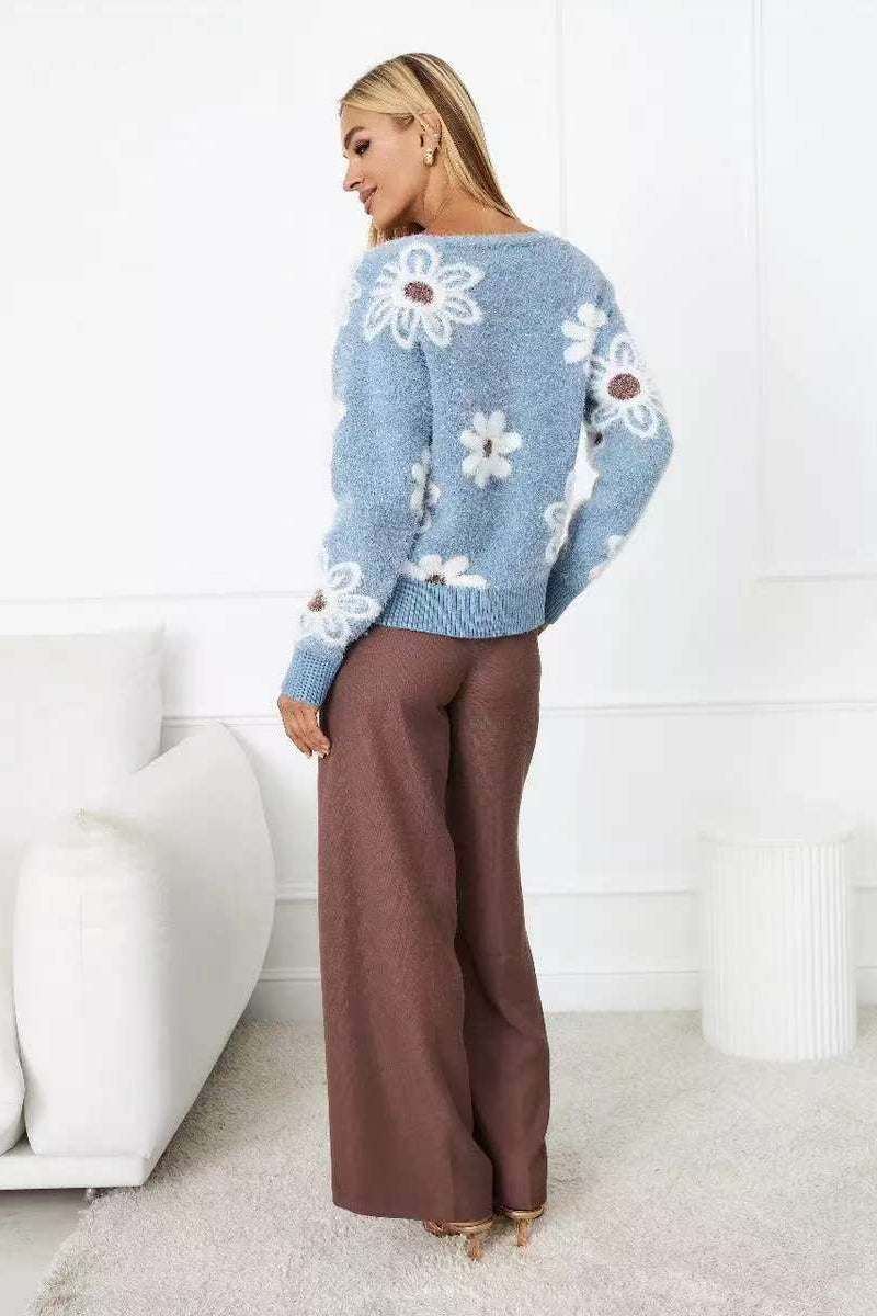 Floral V-Neck Knit Long Sleeves Cardigan