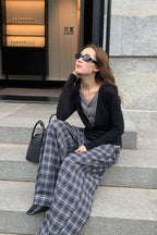 Draped Plaid High Waist Wide Leg Pants
