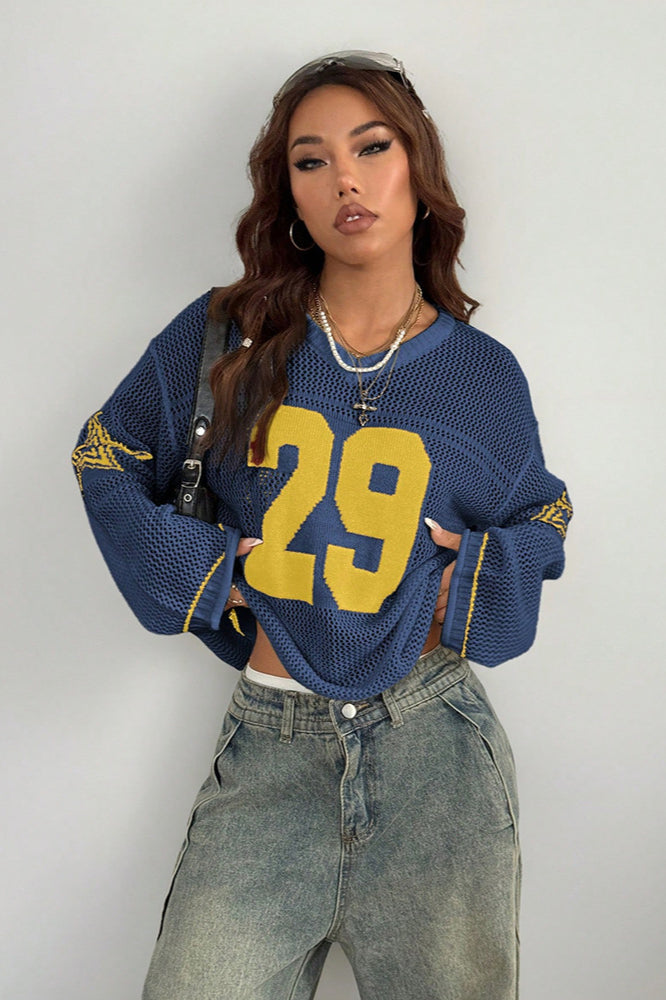 V-Neck Long Sleeve Digital Print Knit Sweater