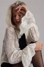 Vintage Lace Bow Tie Bell Sleeve Blouse