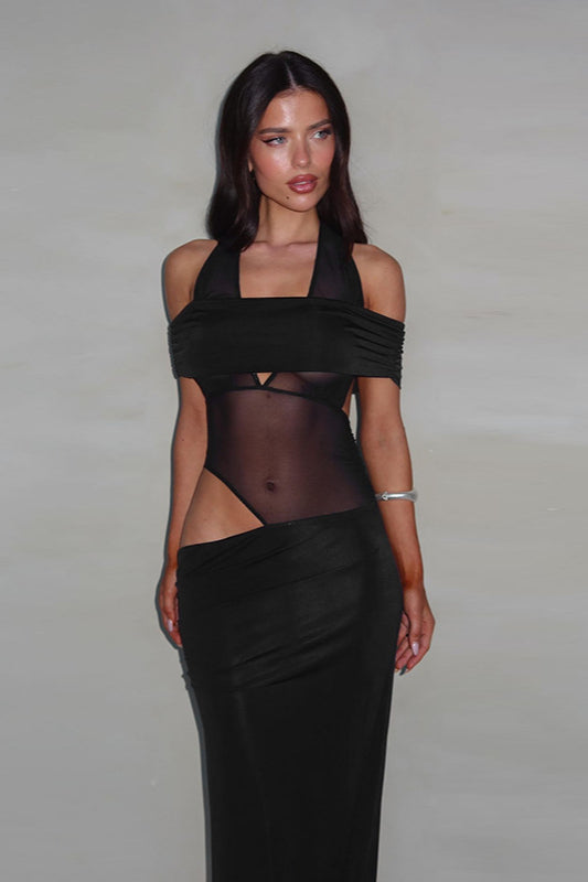 Trendy Off-Shoulder Color Block Bodycon Maxi Dress