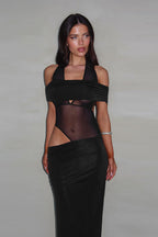 Trendy Off-Shoulder Color Block Bodycon Maxi Dress