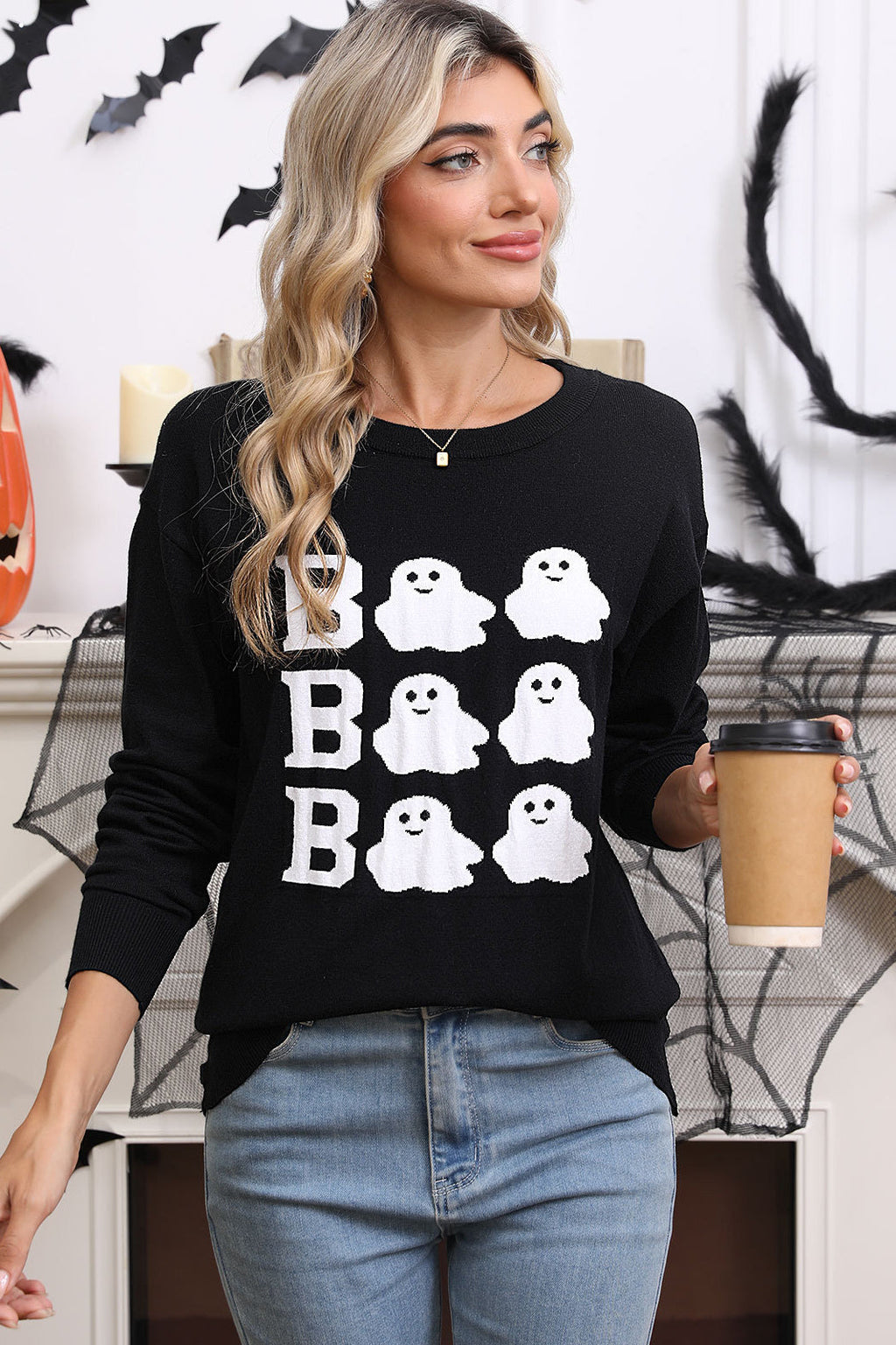 Halloween Embroidered Crew Neck Sweater