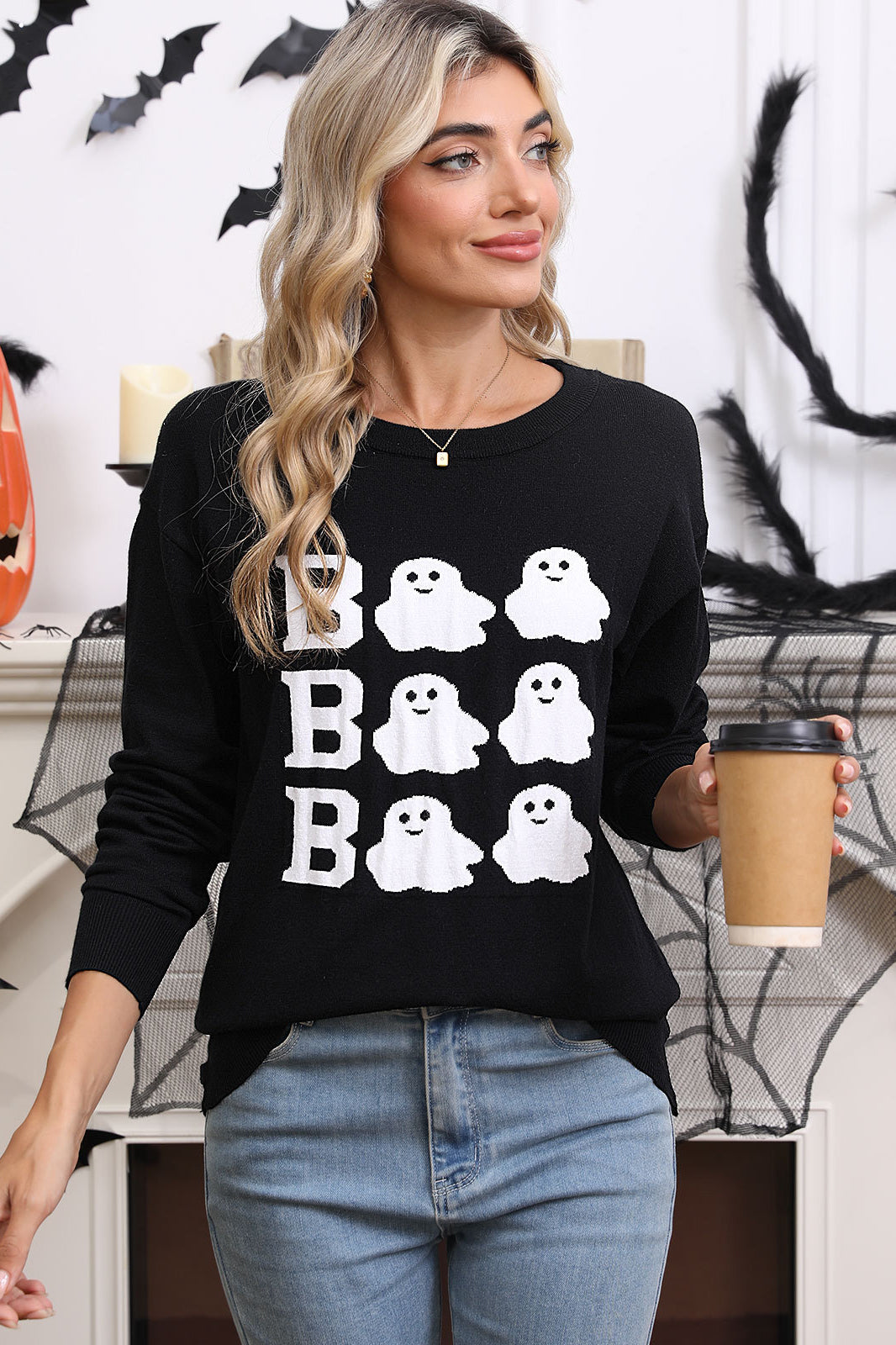 Halloween Embroidered Crew Neck Sweater