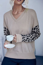 Knit V-Neck Leopard Panel Sweater