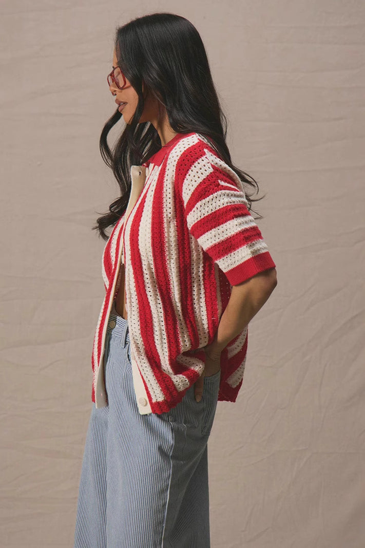 Colorblock Striped Folded Collar Knit Cardigan