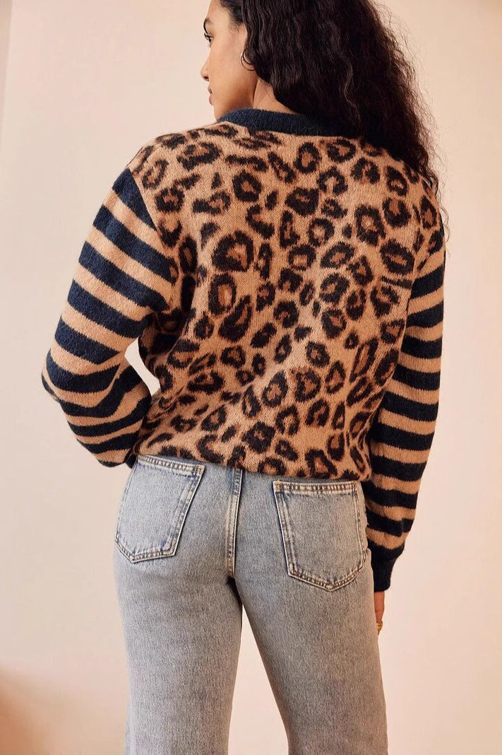 Leopard Print Contrast Cardigan Sweater