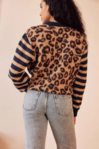 Leopard Print Contrast Cardigan Sweater