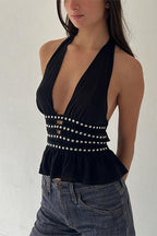 Halter Studded Deep V Knit Top
