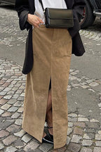Vintage Suede Brown High Waist Split Midi Skirt