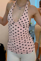 V Neck Halter Polka Dot Blouse