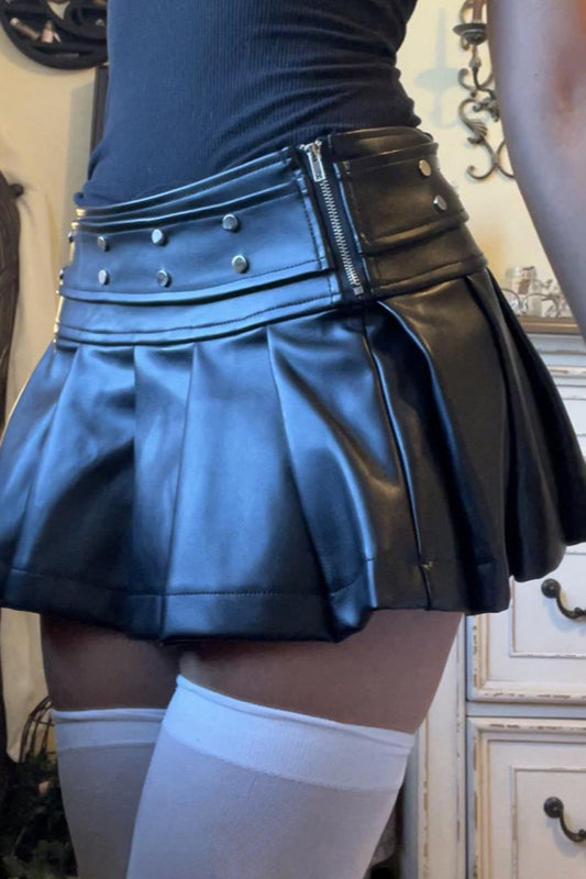 Studded PU Pleated Low Rise Skirt