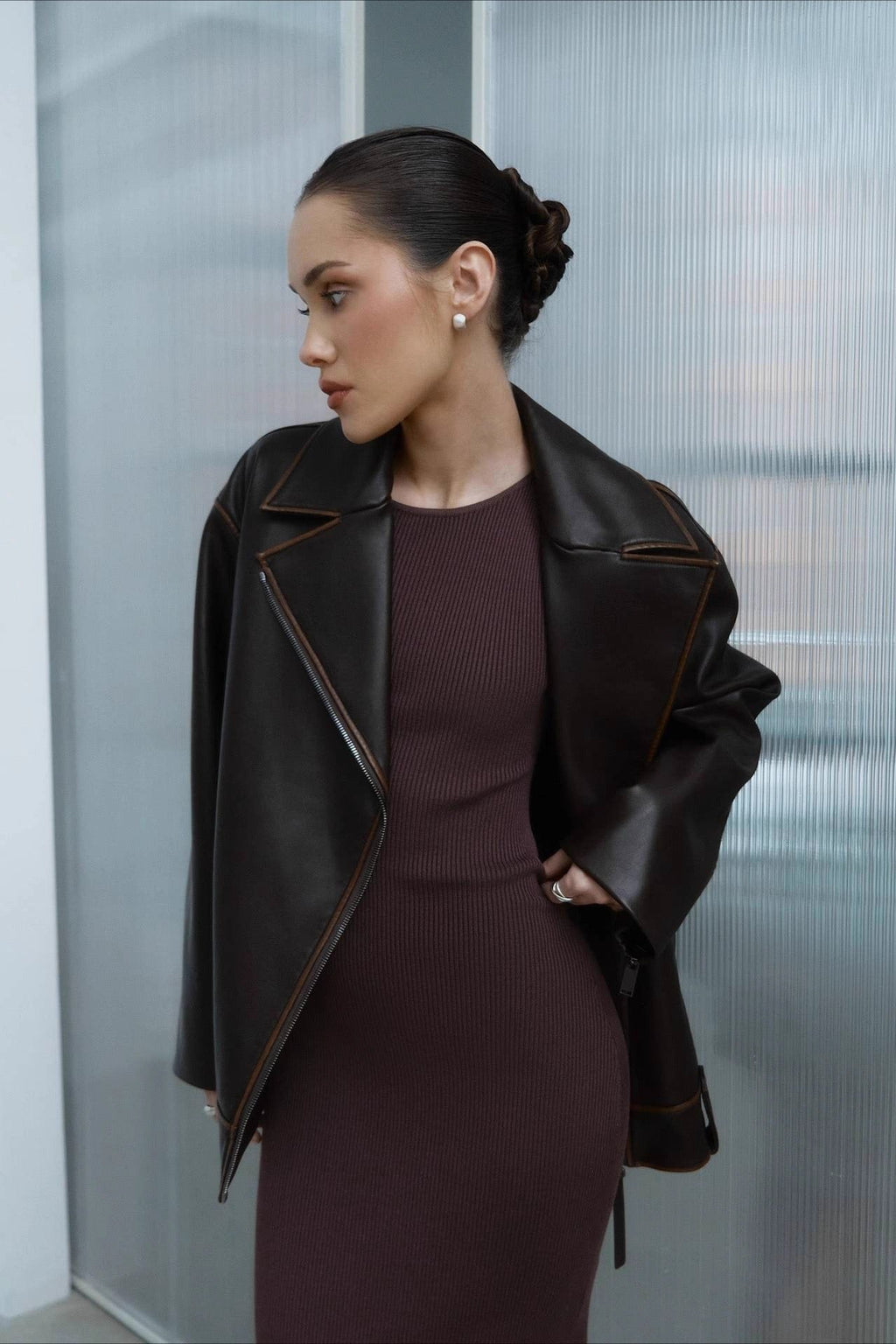 Fashion PU Leather Collar Jacket