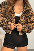 Elegant Leopard Print Hooded Zip-Up Coat
