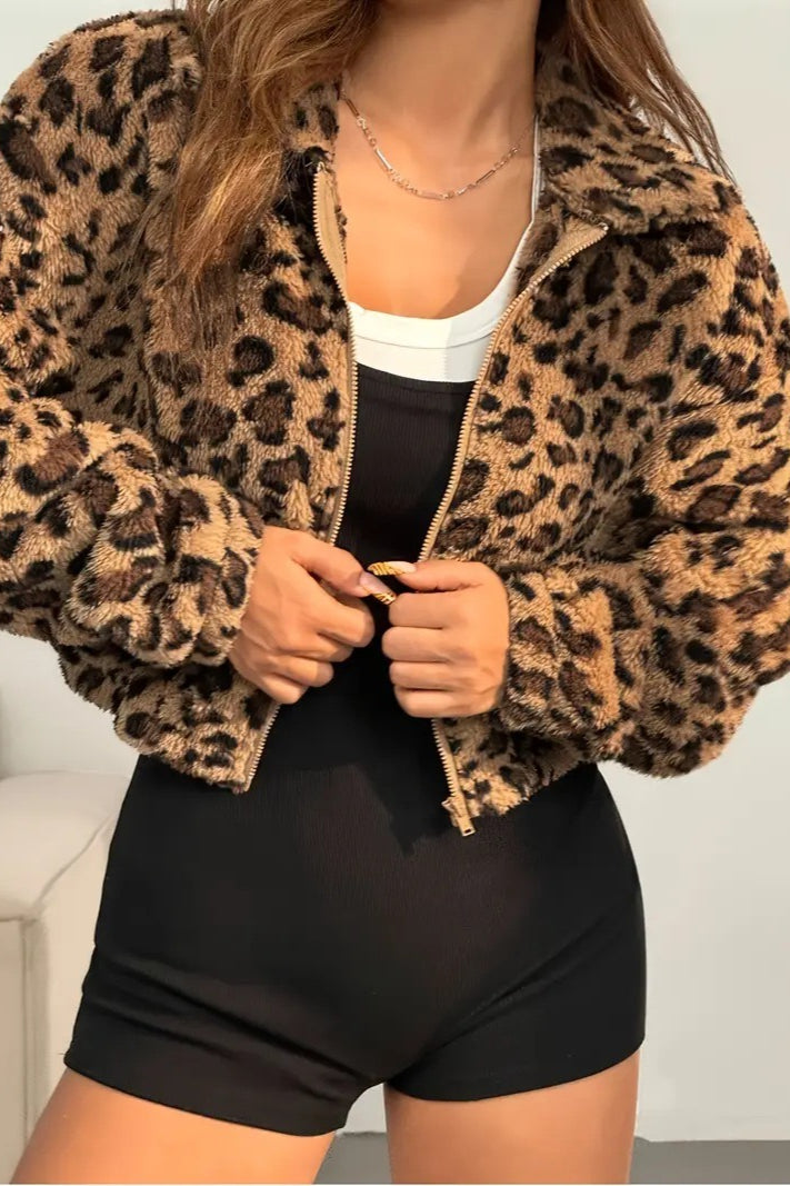 Elegant Leopard Print Hooded Zip-Up Coat