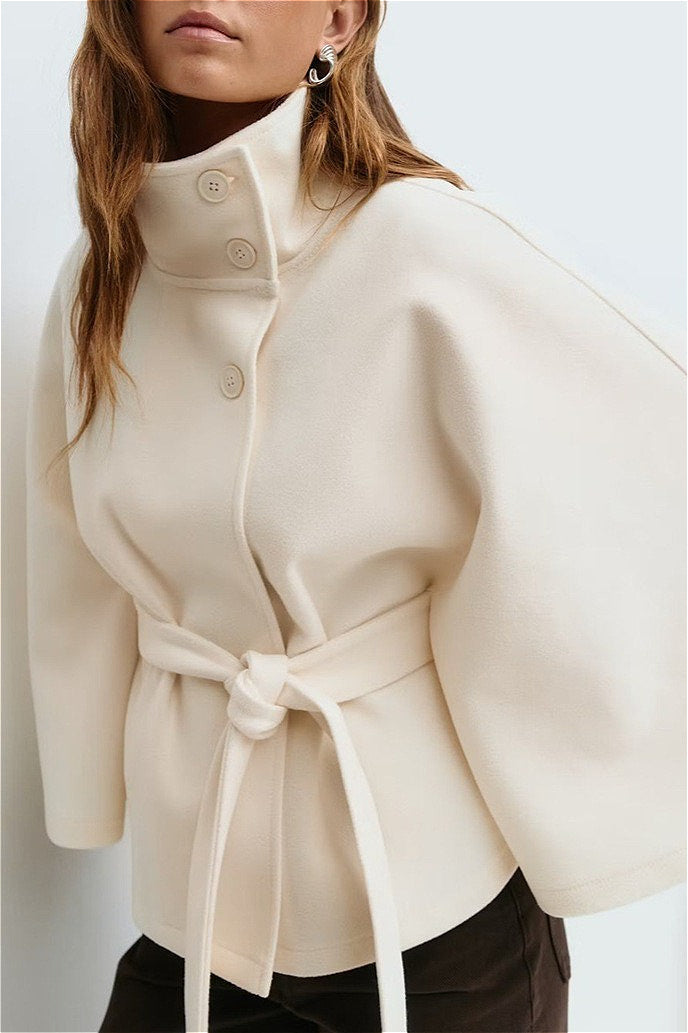 Button Up Stand Collar Cape Coat