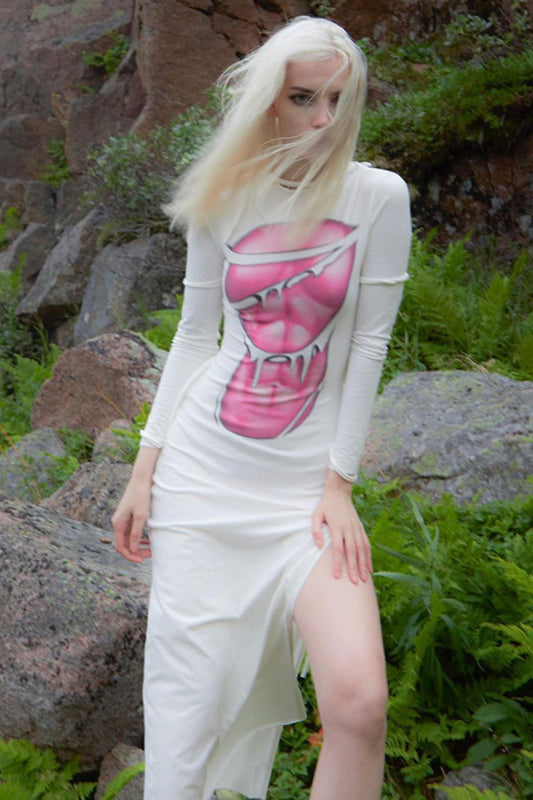 Abstract Print Side Tie Long Sleeve Maxi Dress