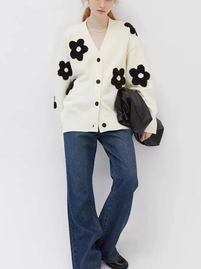 Jacquard Knit V-Neck Cardigan