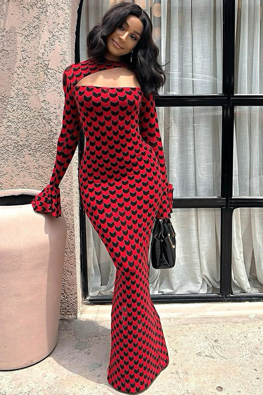 Trendy Hollow Bell Sleeve Floral Print Bodycon Maxi Dress