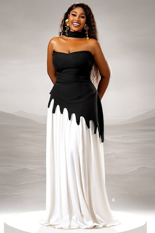 Black and White Color Block Waist-Cinching Maxi Dress