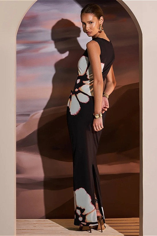 Black O-Neck Sleeveless Hollow Out Floral Dress