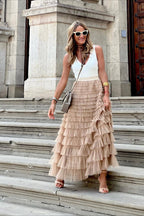 High Waist Mesh Tiered Skirt