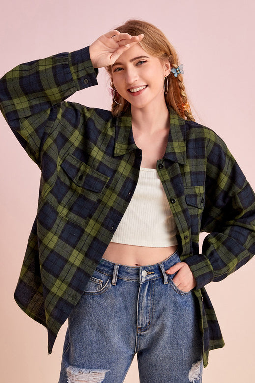 Plaid Stand Collar Button Shirt  Blouse