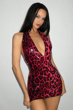 Sequin Leopard Halter V Neck Mini Dress