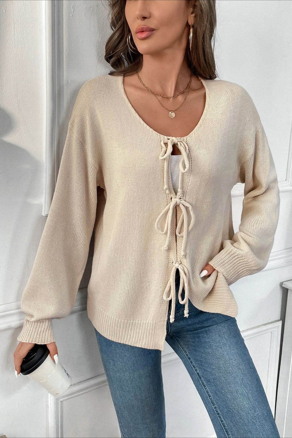 Tie-Front Round Neck Solid Color Knit Cardigan
