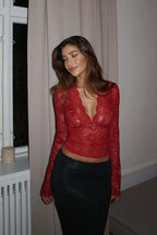 Solid V-Neck Lace Sleeve Knit Top